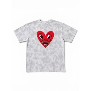 Keith Haring Tie Dye Heart Graphic Tee Gray Red Art Shirt Size Small Streetwear